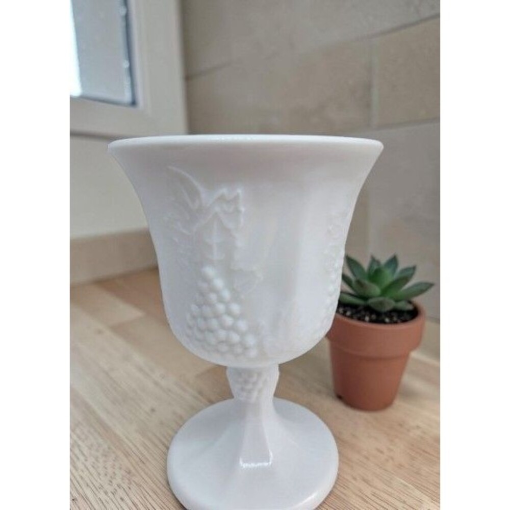 Vintage Indiana Milk Glass Goblet White Grape Vine Wine Cup 5in